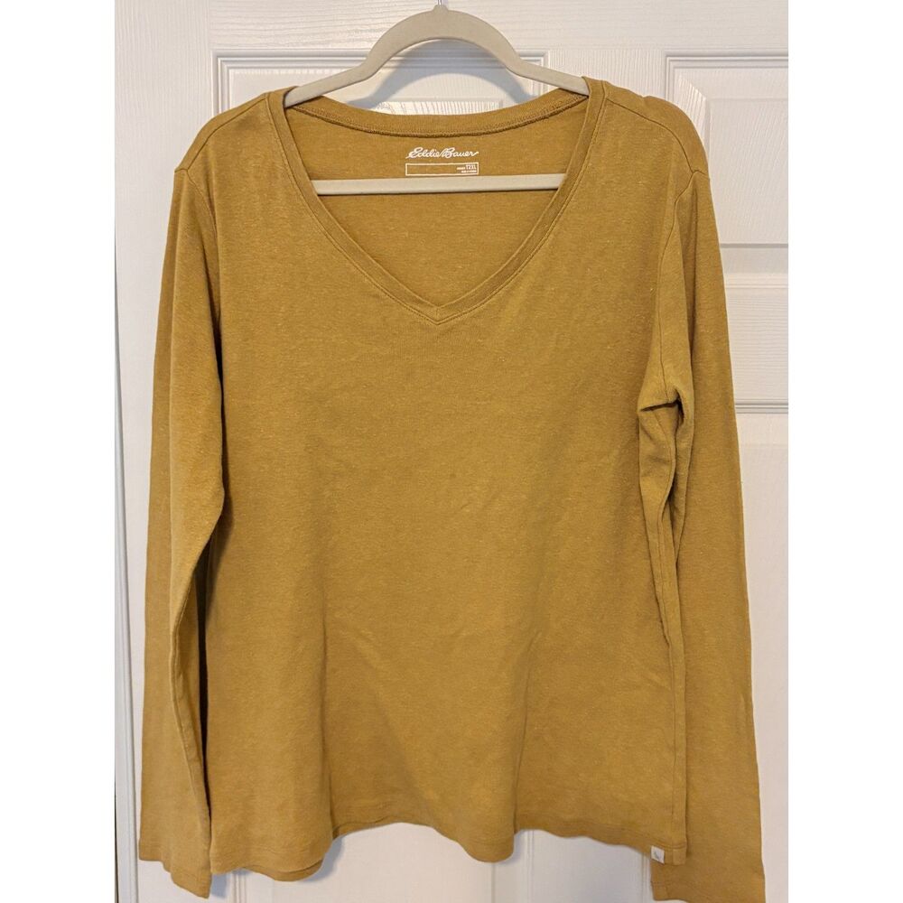 Eddie Bauer Women’s 2XL Long Sleeve V Neck T Shirt Yellow Gold Heathered Cotton